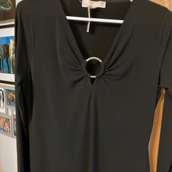 NWT $140 Michael Kors black V neck dress with metal ring accent. Stretchy. Sz M. - Picture 13 of 15